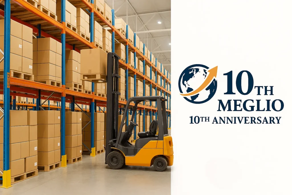 E-ticaret depolama çözümleri için forklift ve depo raf sistemleri – Meglio Lojistik 10. yıl logosu