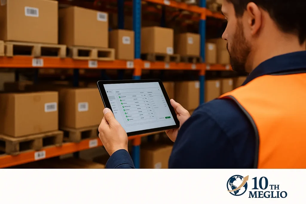 E-ticaret lojistik depolama sürecinde tablet üzerinden depo yönetim sistemi kullanan çalışan – Meglio Lojistik 10. yıl logosu