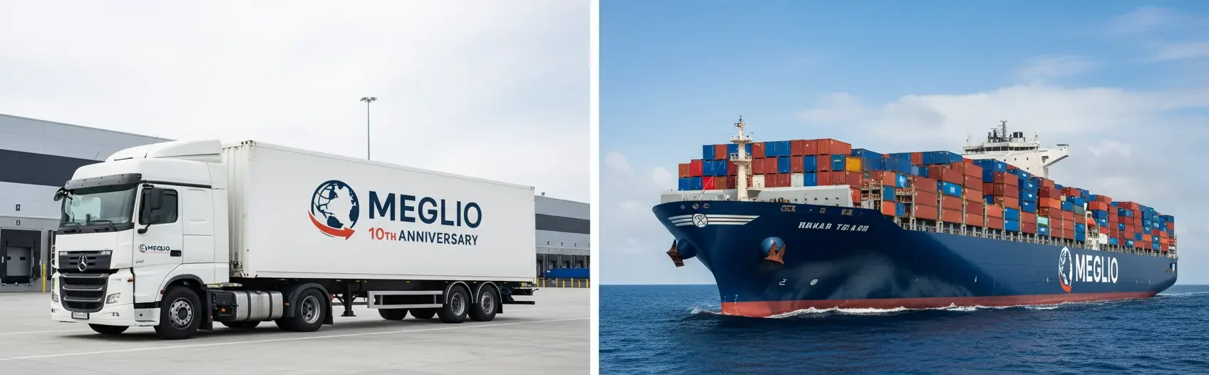 Meglio logolu beyaz tır ve konteyner gemisi, uluslararası lojistik ve T1 belgesi taşımacılığı