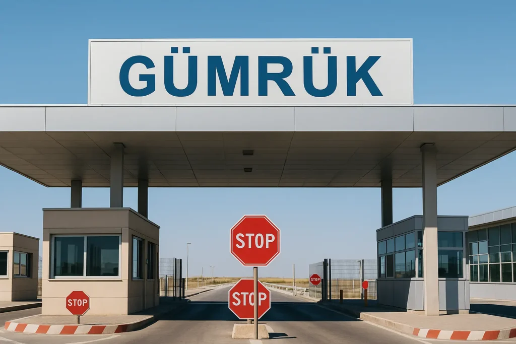 Türkiye sınır kapısında modern bir gümrük geçiş noktası, bayraklar ve güvenlik kulübeleriyle birlikte