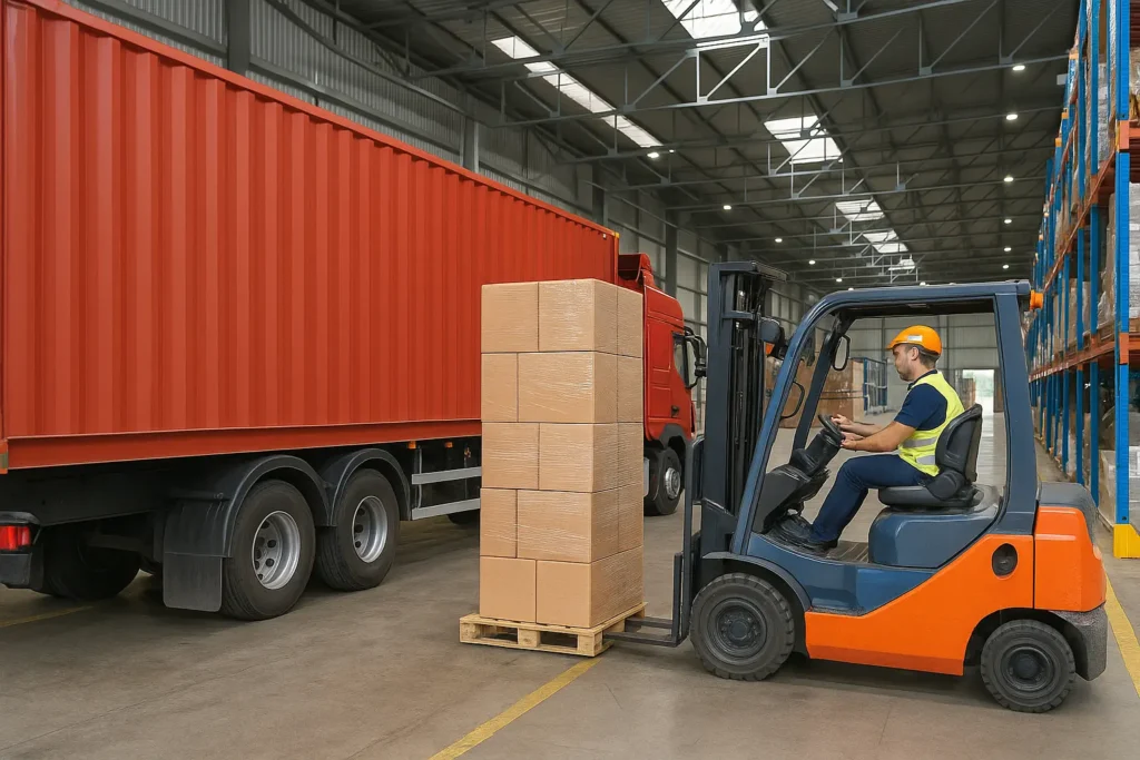 İstanbul lojistik firmalarının deposunda forklift ile palet taşınırken konteyner yükleme operasyonu