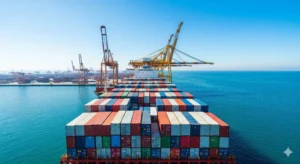 Deniz lojistiğinde kullanılan büyük konteyner gemisi denizde seyir halinde
