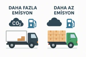 Parsiyel yük taşımacılığında dolu ve boş araçların emisyon farkını gösteren infografik