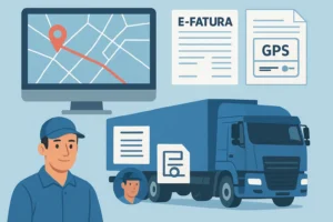 İç nakliye süreçlerinde kullanılan dijital araç takip sistemi, GPS, e-fatura ve takograf belgelerini gösteren kolaj görsel