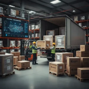 Meglio Group Ambarlı parsiyel taşımacılık konsolidasyon merkezinde, çalışanlar dijital ekranlar eşliğinde yükleri organize ediyor. Türkiye haritası üzerinde gösterilen dağıtım ağı ile Ambarlı lojistik verimliliği.