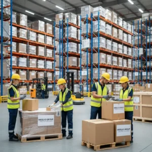 Meglio Group lojistik deposunda Ambarlı parsiyel yükleme operasyonu. Çalışanlar, paletler üzerindeki kolileri kamyona yüklerken, verimli ve güvenilir Ambarlı lojistik hizmetlerini sağlıyor.
