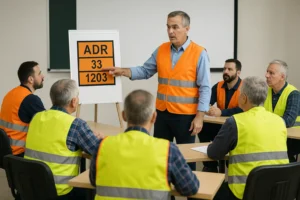 Tehlikeli madde taşımacılığı eğitimi alan sürücüler sınıf ortamında ADR kurallarını öğreniyor.
