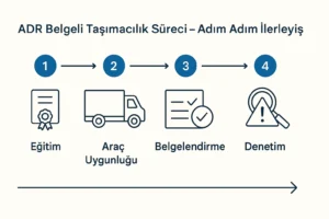 Tehlikeli madde taşımacılığı sürecini adım adım gösteren ADR süreci infografiği.