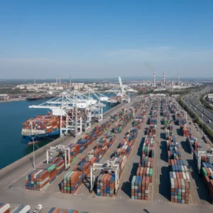 Kocaeli'deki modern Gebze Limanları terminalinin panoramik görünümü. Büyük konteyner gemisi ve arka planda Kuzey Marmara Otoyolu bağlantısı görülüyor.