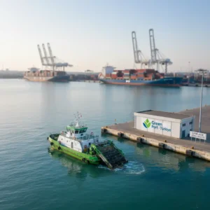 Gebze limanlarında deniz yüzeyi atıklarını toplayan bir çöpkapar teknesi. Yeşil Liman (Green Port) sertifikasyonunu ve çevresel taahhüdü simgeliyor.